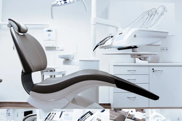 Dental treatment chair and equipment in a bright clinic